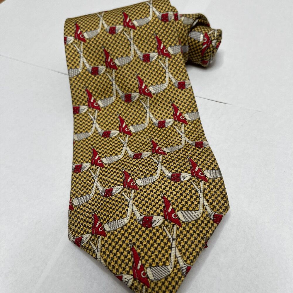 Tom James Men's Golf‎ Tie 100% Silk Gold Houndstooth Pattern